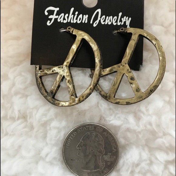 Jewelry - Distressed Gold Tone Peace Sign Earrings